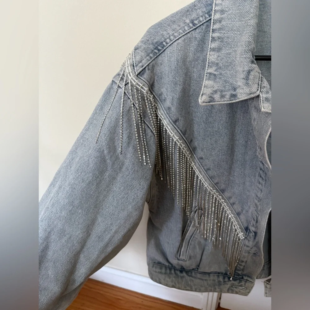 Windsor Rocker-Chic Rhinestone Fringe Denim Jacket, size L - Picture 8 of 14